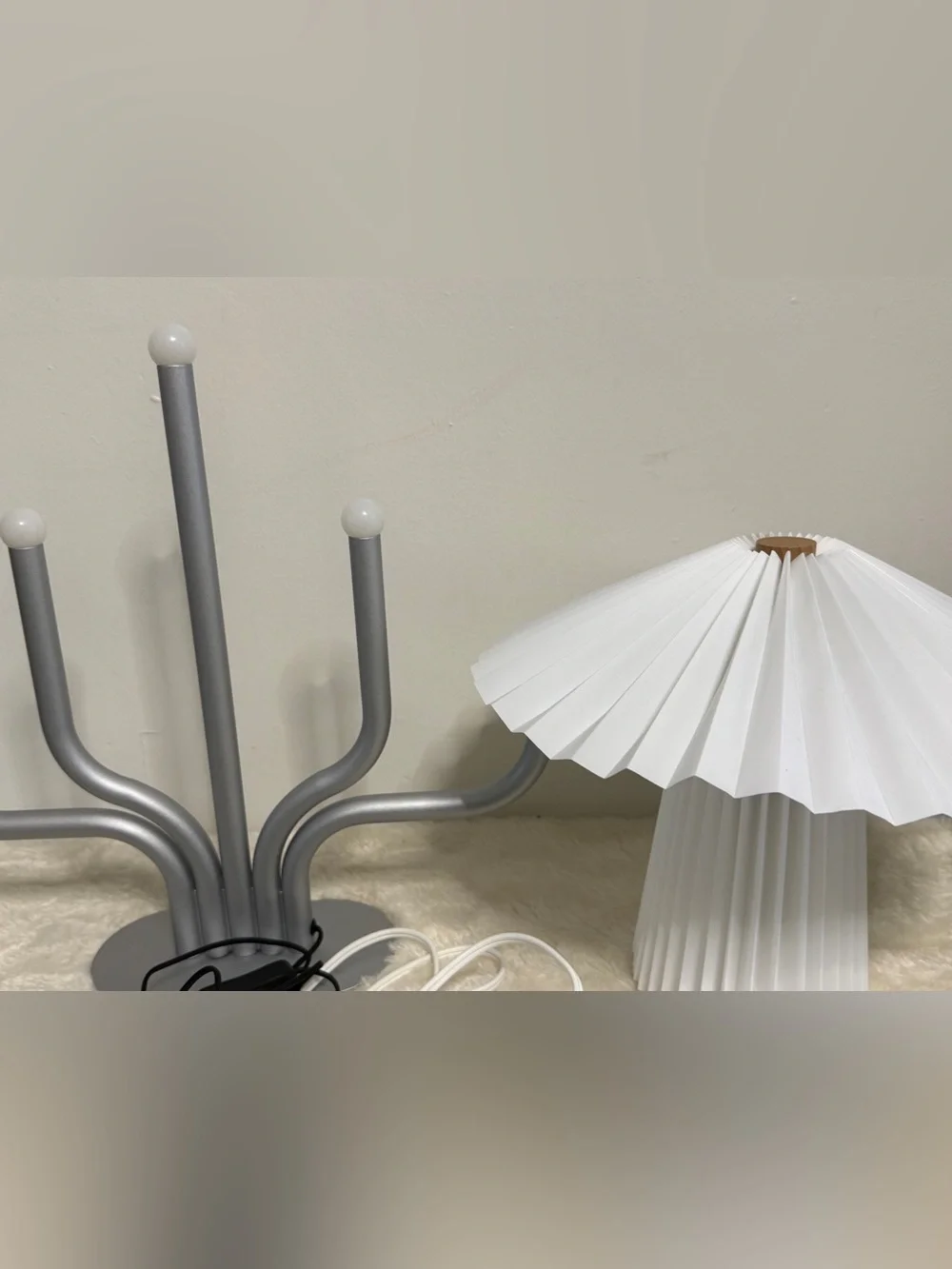 IKEA Gray Multi-Arm LED Table Lamp and White Pleated Table Lamp